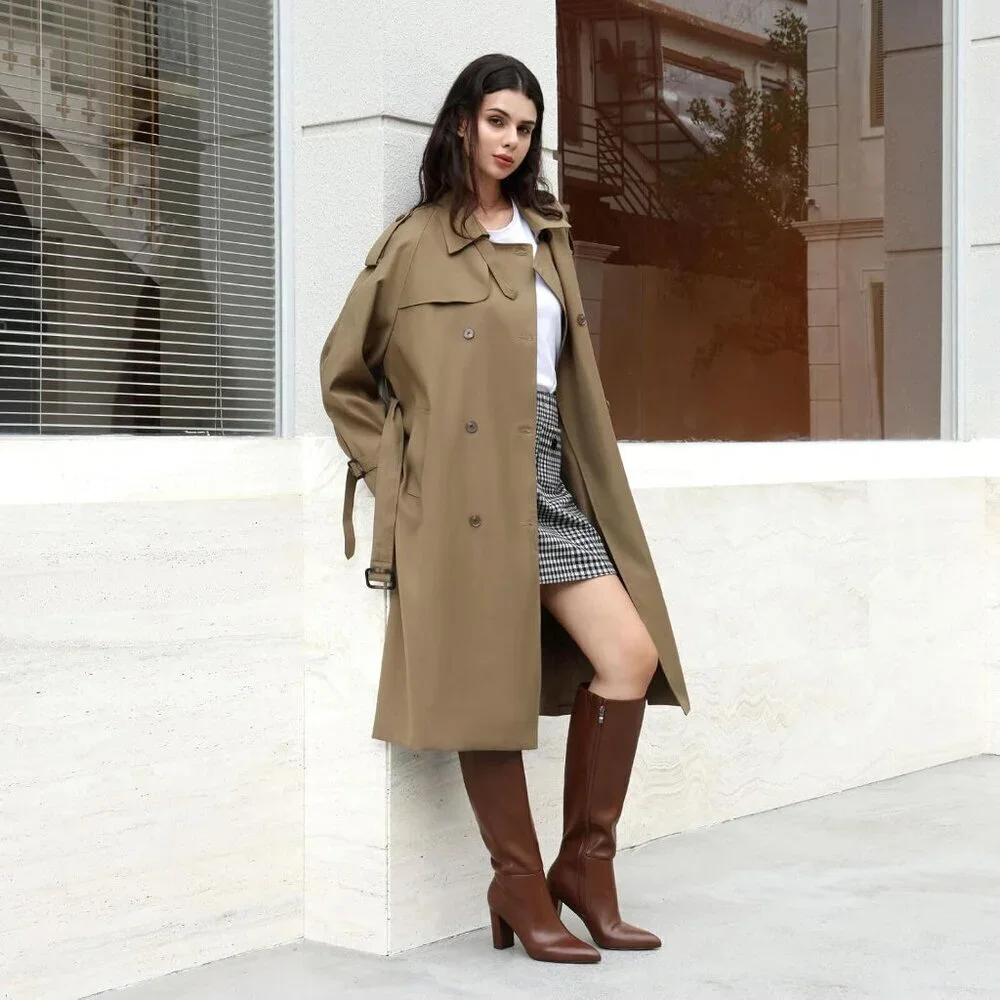 Women's Brown Classic Chunky Heel Pointed Toe High Heel Side Zipper Tall Boots